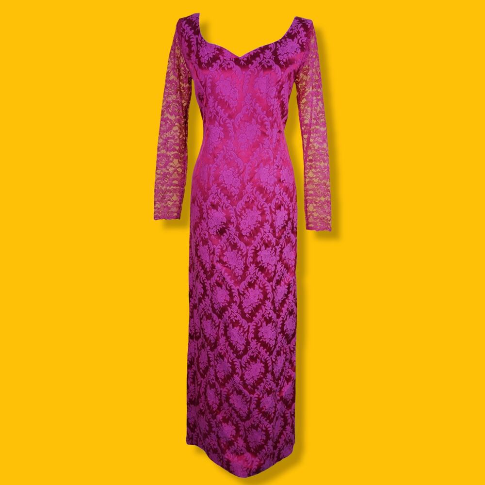 Vintage Pink Red Lace Maxi Dress, Fits M